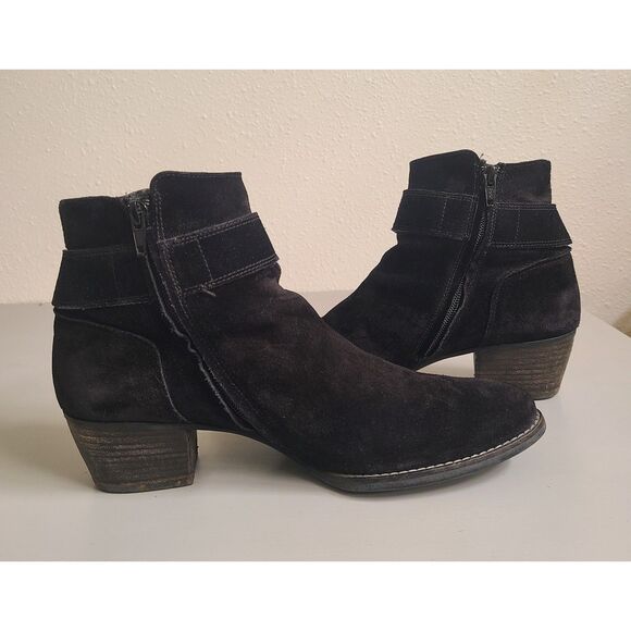 Paul Green Ankle Boots Low Heel Black Suede Leather Booties US 7 Closet Staple - Picture 3 of 6